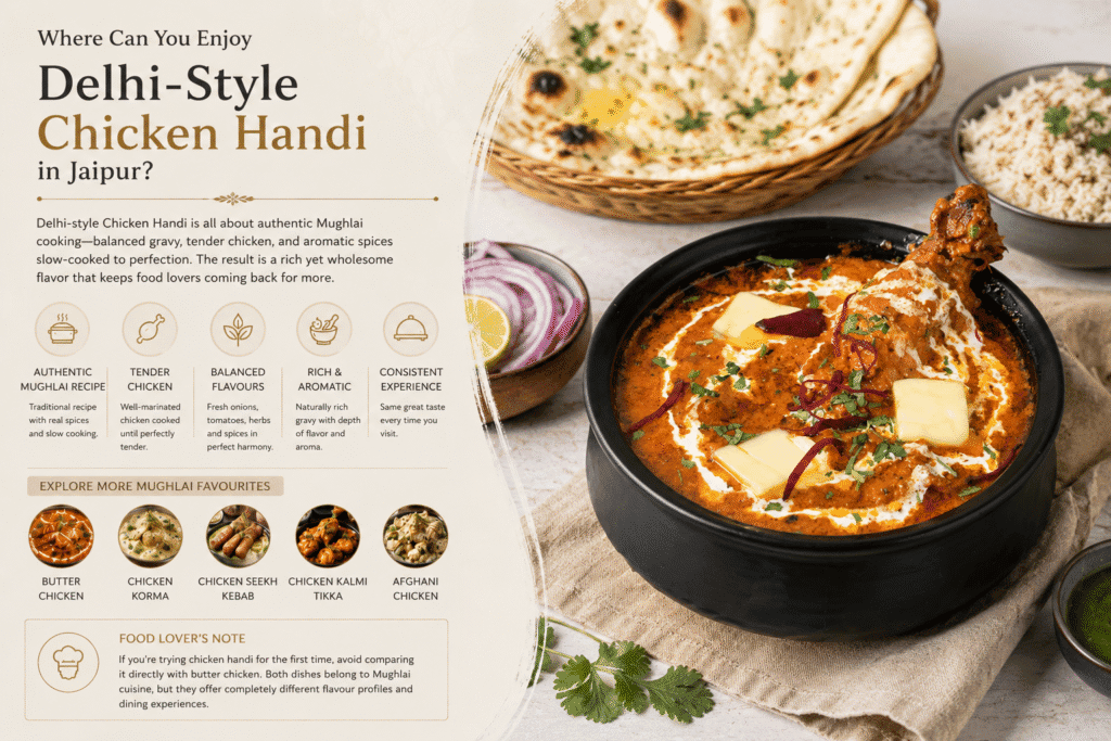 If you're trying chicken handi for the first time, avoid comparing it directly with butter chicken. Both dishes belong to Mughlai cuisine, but they offer completely different flavor profiles and dining experiences.