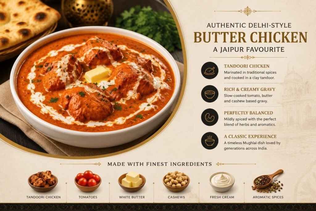 When people search for Delhi style butter chicken in Jaipur, they are usually hoping to experience the rich yet balanced flavors that made the dish famous in North India. Authentic Delhi-style butter chicken is known for its smooth texture, mildly smoky aroma, buttery finish, and carefully layered spices that enhance the dish without overpowering it. Unlike heavily sweetened or overly spicy versions sometimes served elsewhere, the original preparation celebrates simplicity and balance.