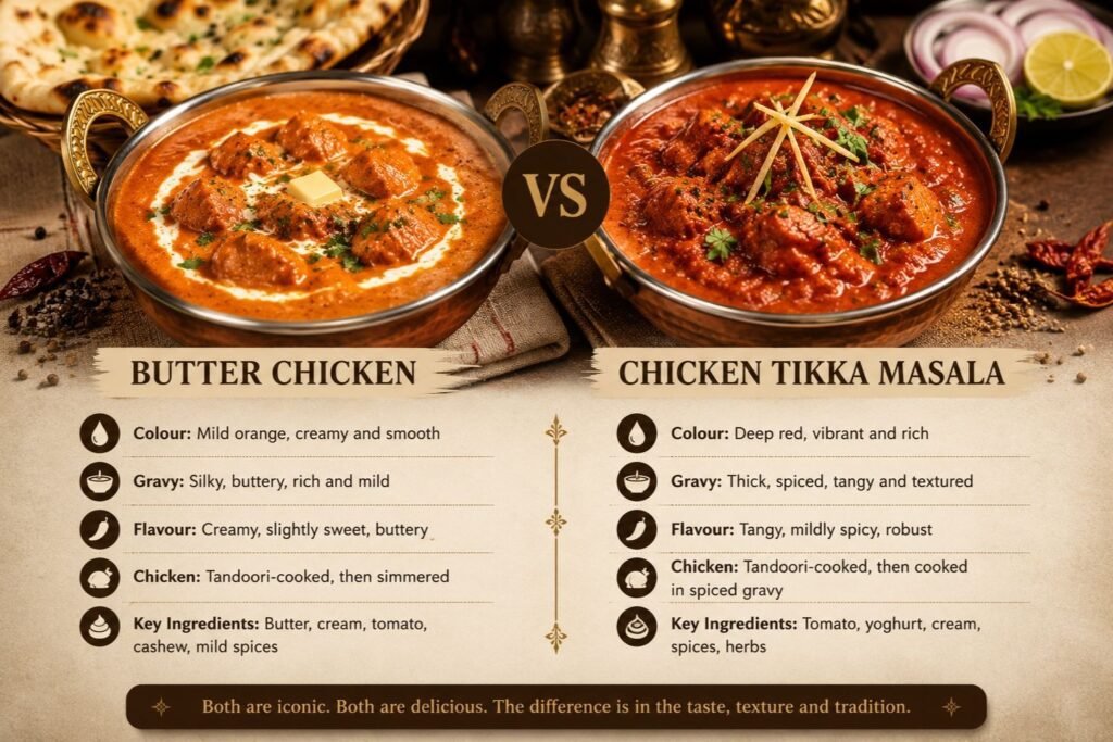 If you enjoy creamy, comforting curries with balanced flavors, butter chicken is usually the better choice. If you prefer a spicier and more intense curry, chicken tikka masala may suit your palate better.