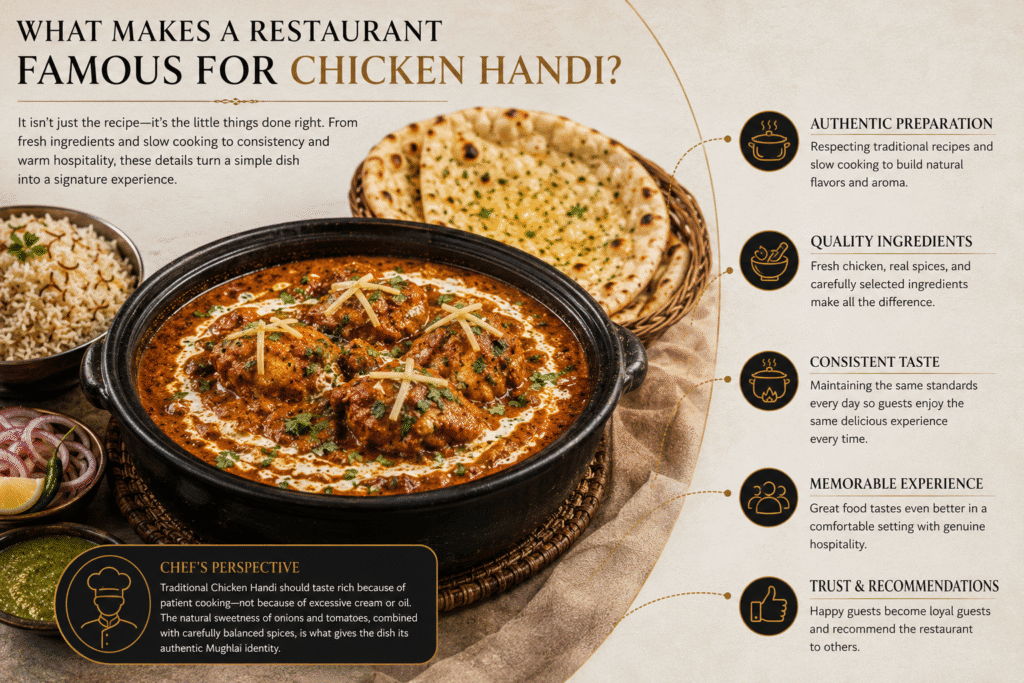 Traditional Chicken Handi should taste rich because of patient cooking—not because of excessive cream or oil. The natural sweetness of onions and tomatoes, combined with carefully balanced spices, is what gives the dish its authentic Mughlai identity.