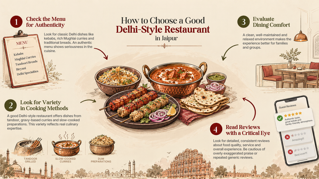 If you are comparing restaurants, start by identifying what you actually want from the meal.
Are you looking for smoky kebabs? A rich Mughlai curry? A relaxed family dinner? Or a place where vegetarian and non-vegetarian diners can eat together?
Once you know your priorities, evaluate the restaurant against them.